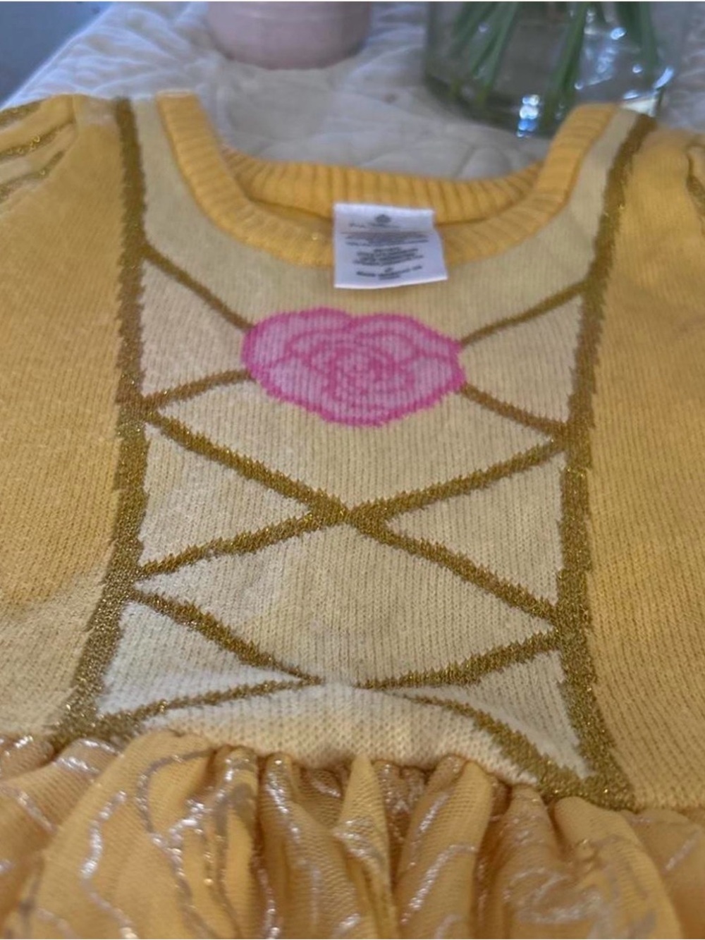 Disney Yellow Knit Top with Pink Rose and Gold Accents